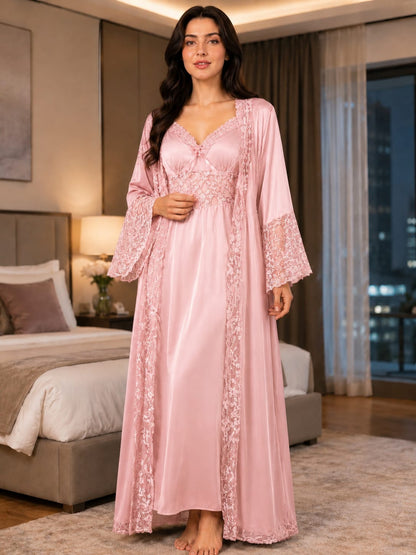 Imported Satin Bridal Robe & Nightgown Set – Floral Lace Trim Long Sleepwear