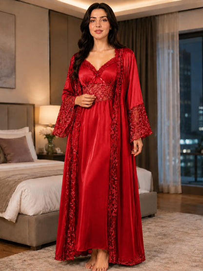 Imported Satin Bridal Robe & Nightgown Set – Floral Lace Trim Long Sleepwear