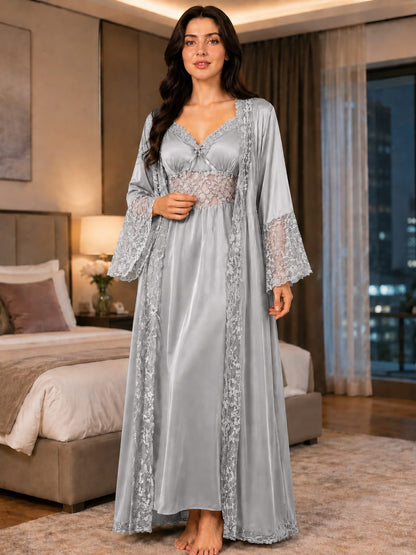 Imported Satin Bridal Robe & Nightgown Set – Floral Lace Trim Long Sleepwear