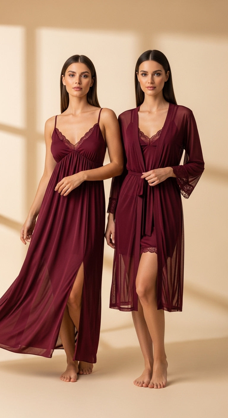 4-Piece Floral Net Nighty Set + Sheer Lace Robe with Satin Belt