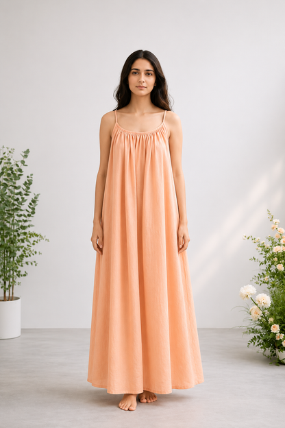 Gathered Linen Maxi Dress with Spaghetti Straps