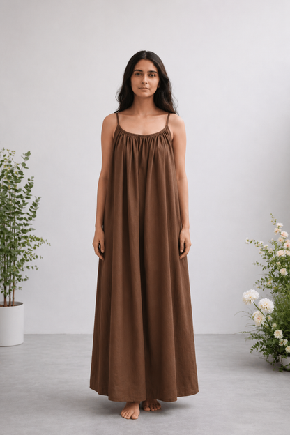 Gathered Linen Maxi Dress with Spaghetti Straps