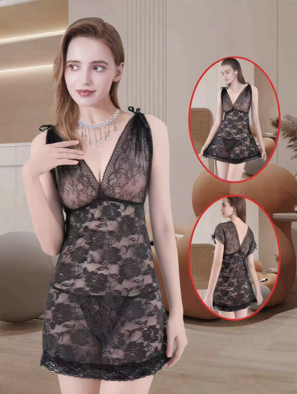 Sexy Lace Babydoll Dress – Deep V Neck, Tie Straps